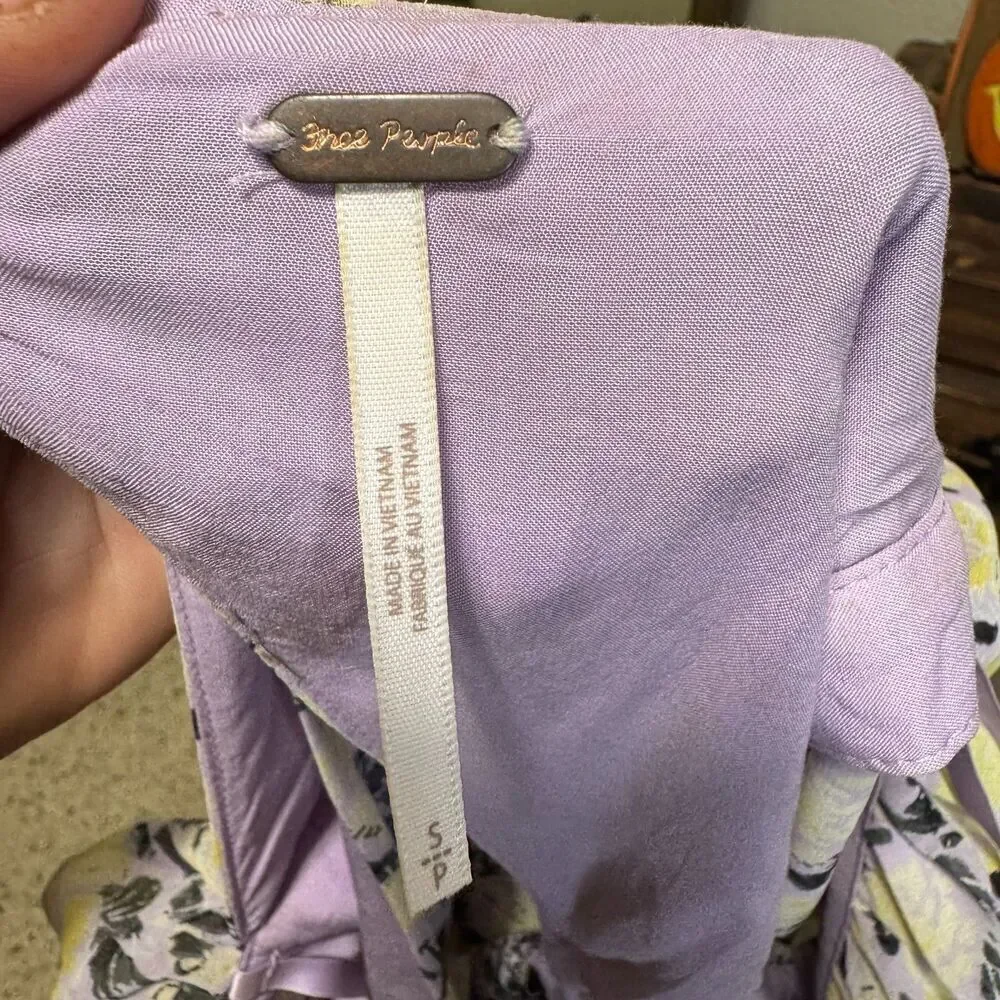 Free People Mabel Floral Tie Blouse Lilac Balloon Sleeve Sz S Boho Cottage
